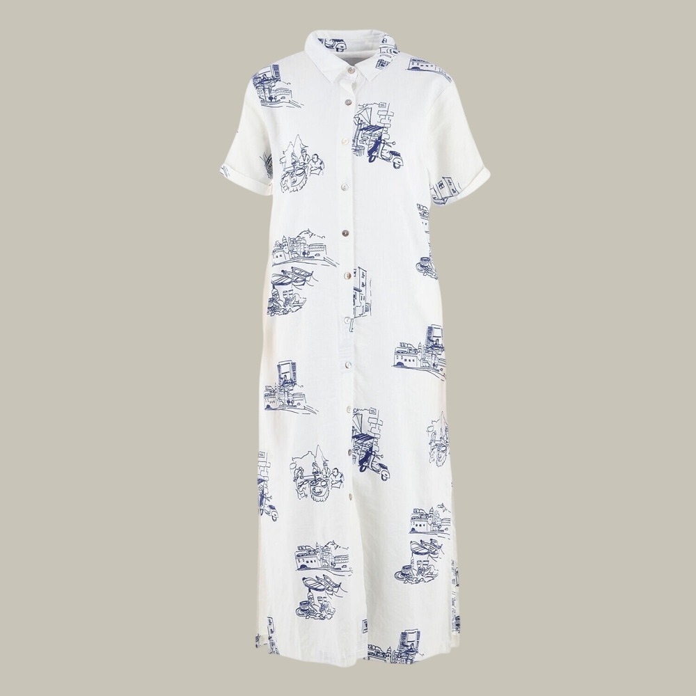 C&C California Shirt Dress White Blue Mediterranean Print Linen Blend Maxi M